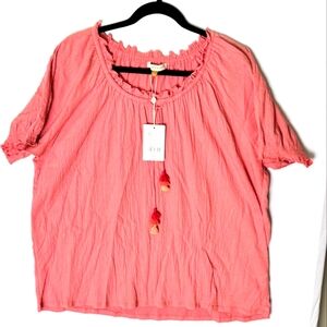Downeast Tassel Tie Blouse Pink Ruffle Neck Short Sleeve Women’s Size L NWT